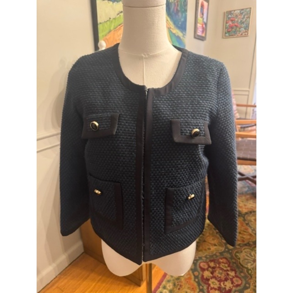 Shoshanna Navy Blue Tweed Jacket Size 2 Gold Button Textured Blazer Collarless